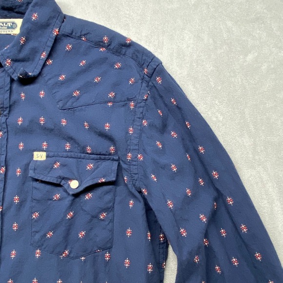Salt Valley Western Long Sleeve Snap Front Shirt Blue Geometric Print Mens M - Picture 11 of 16